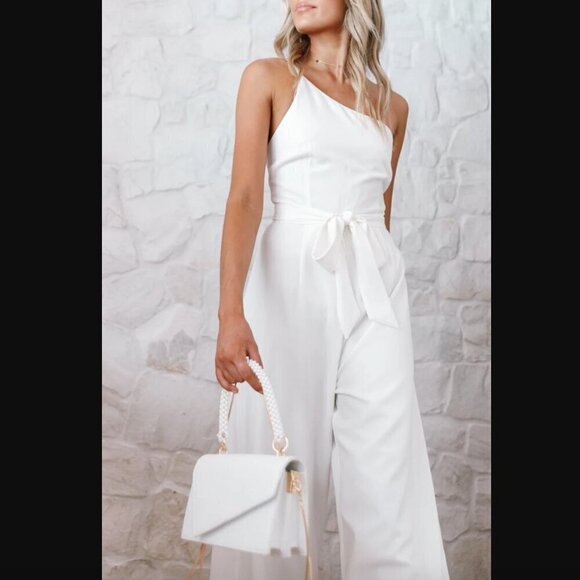 Petal & Pup Leyton White One Shoulder Wide Leg Belted Jumpsuit 4 - Picture 11 of 16